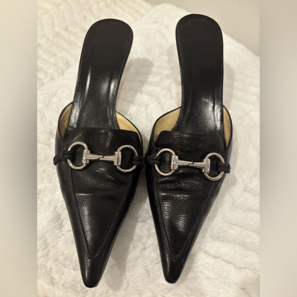 Gucci Black Leather Mules with Silver Horse Bit Hardware NIB Size 9.5